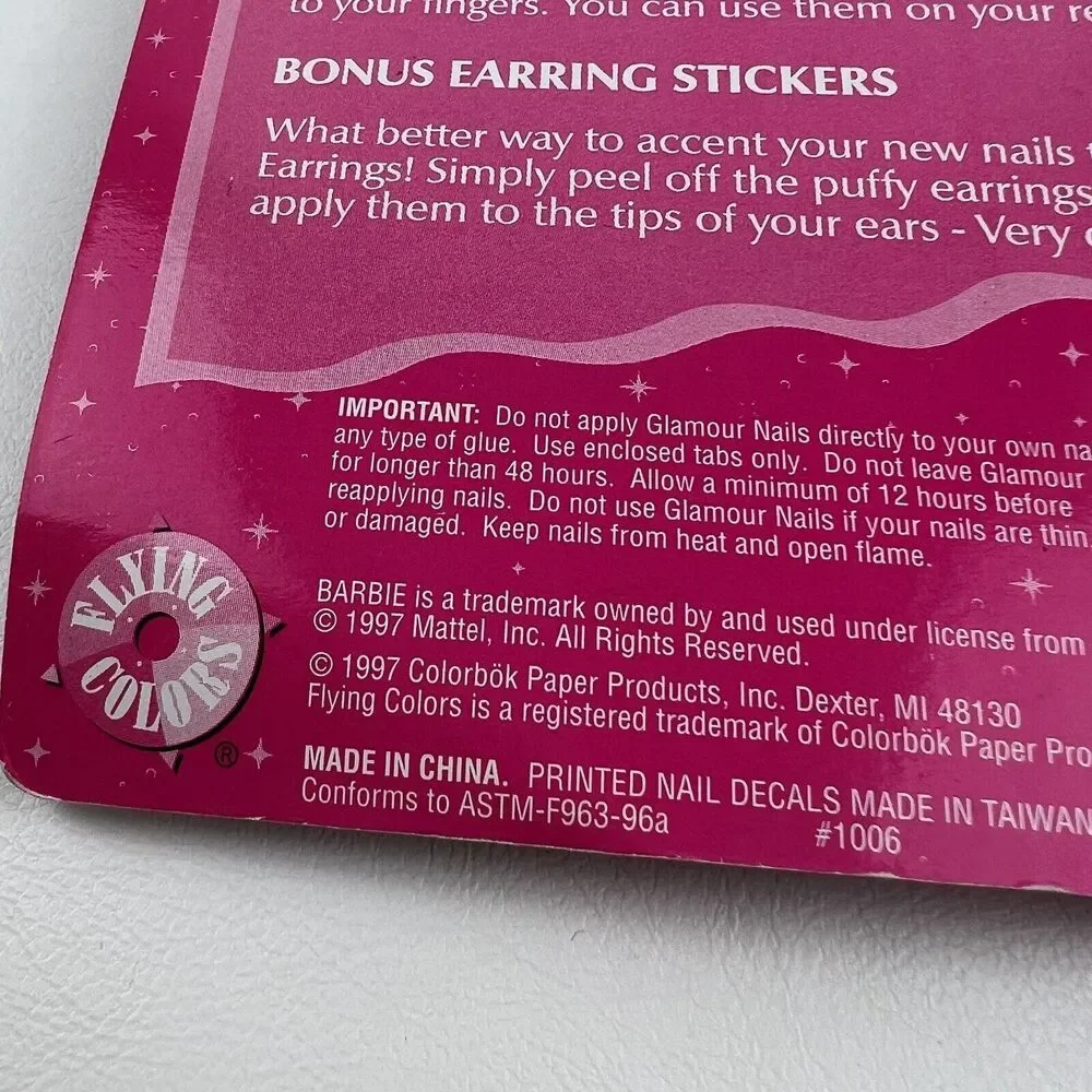 BARBIE Press On Nails Puff Earrings Fingertip Fun Millennial VTG 90s Mattel 1997